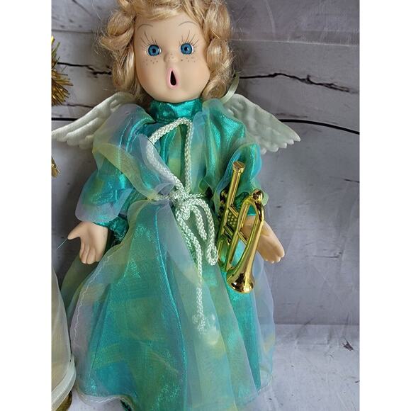 Porcelain Christmas Angel Dolls Lot 3 Dressed in Gold with Open Mouth Instrument - Picture 2 of 12